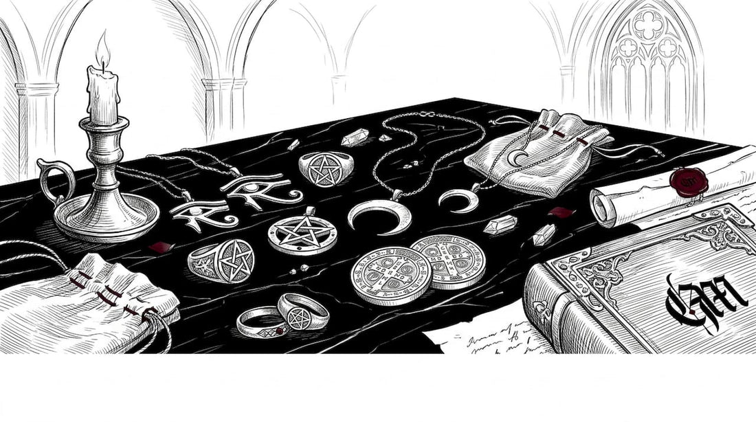 Various occult jewelry pieces on wooden table