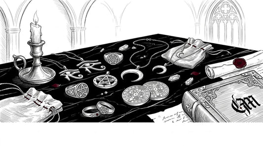 Various occult jewelry pieces on wooden table