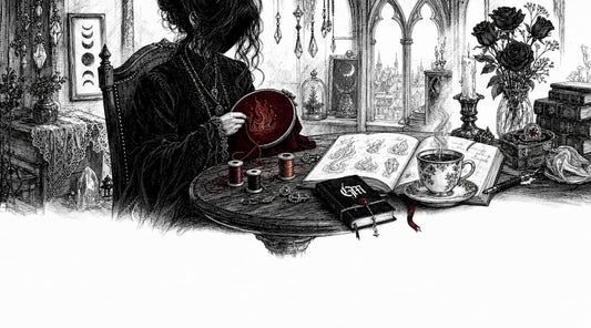 Woman embroidering fiery witchy patch