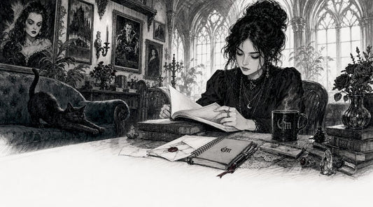 Woman studying horror literature at desk