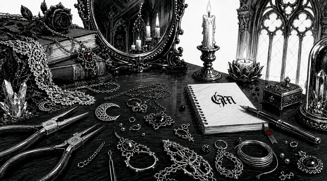 Woman working on gothic jewelry crafting at table