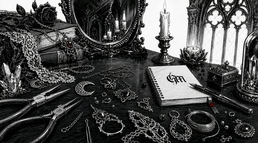 Woman working on gothic jewelry crafting at table