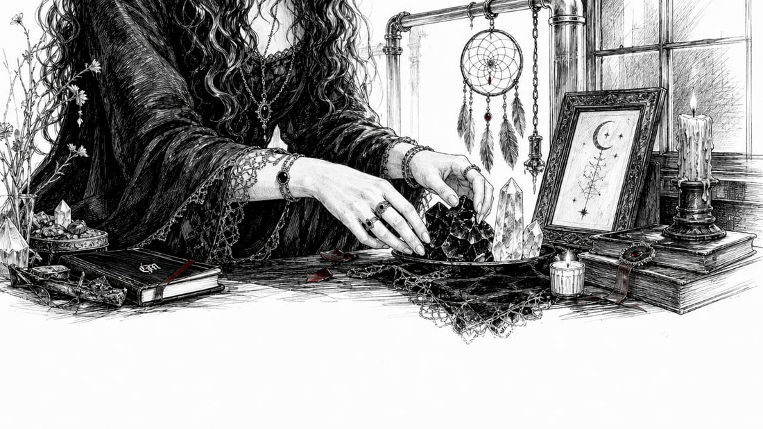 Woman arranging witchcraft decor items indoors