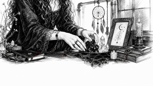 Woman arranging witchcraft decor items indoors