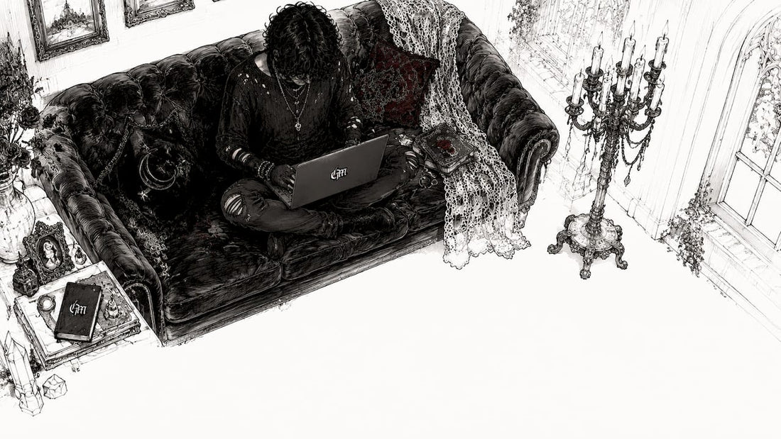 Person browsing gothic accessory marketplaces on laptop