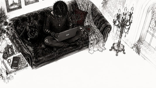 Person browsing gothic accessory marketplaces on laptop