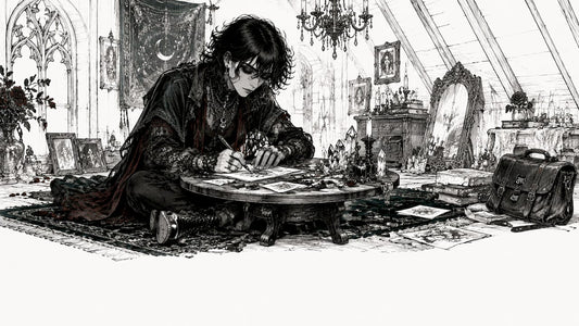 Gothic personal brand creator working in home studio