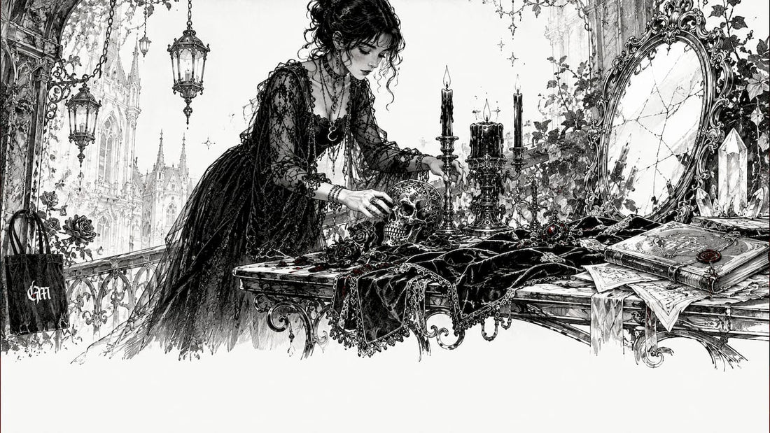 Woman arranging gothic decor items on wooden table