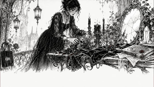 Woman arranging gothic decor items on wooden table