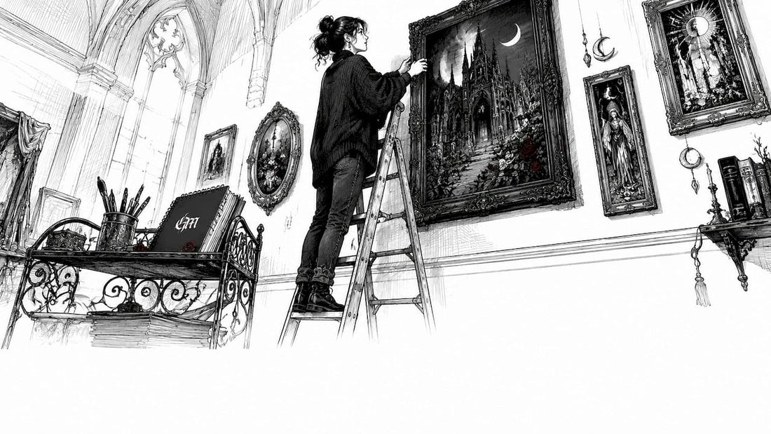 Curator adjusting dark art in gallery