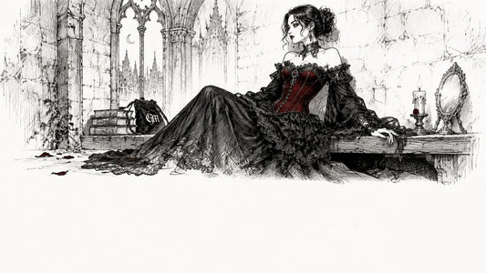 Woman wearing medieval goth fashion in castle room