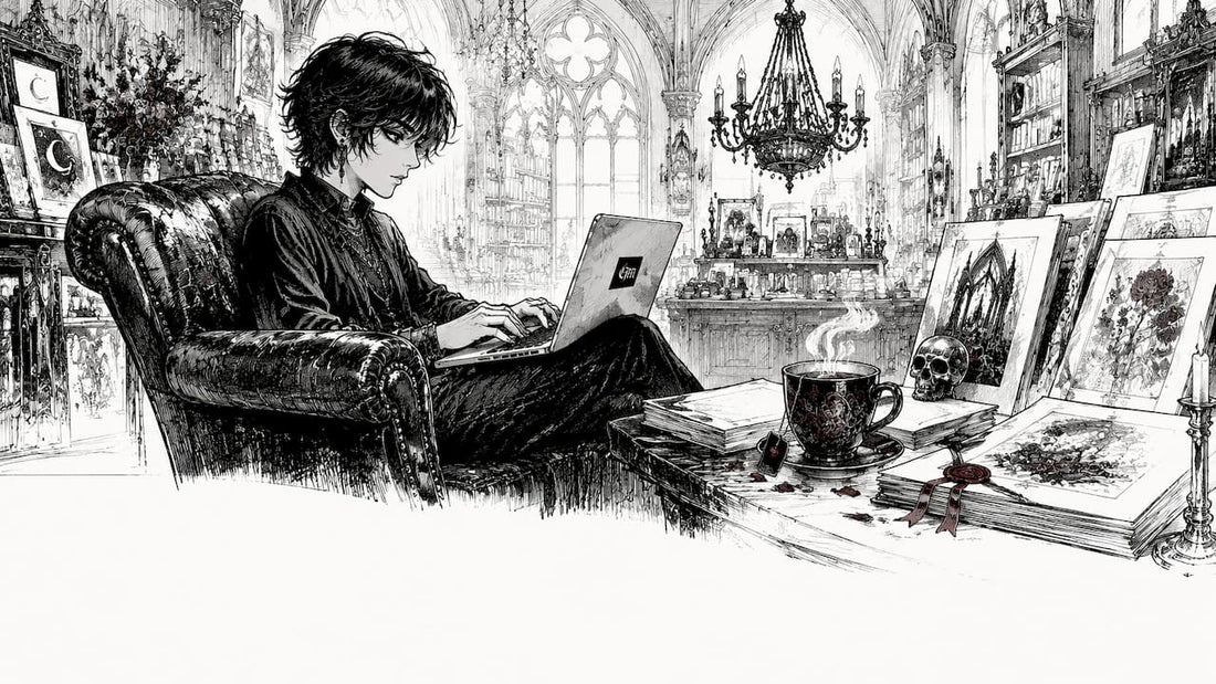 Person browsing gothic art marketplace at café table