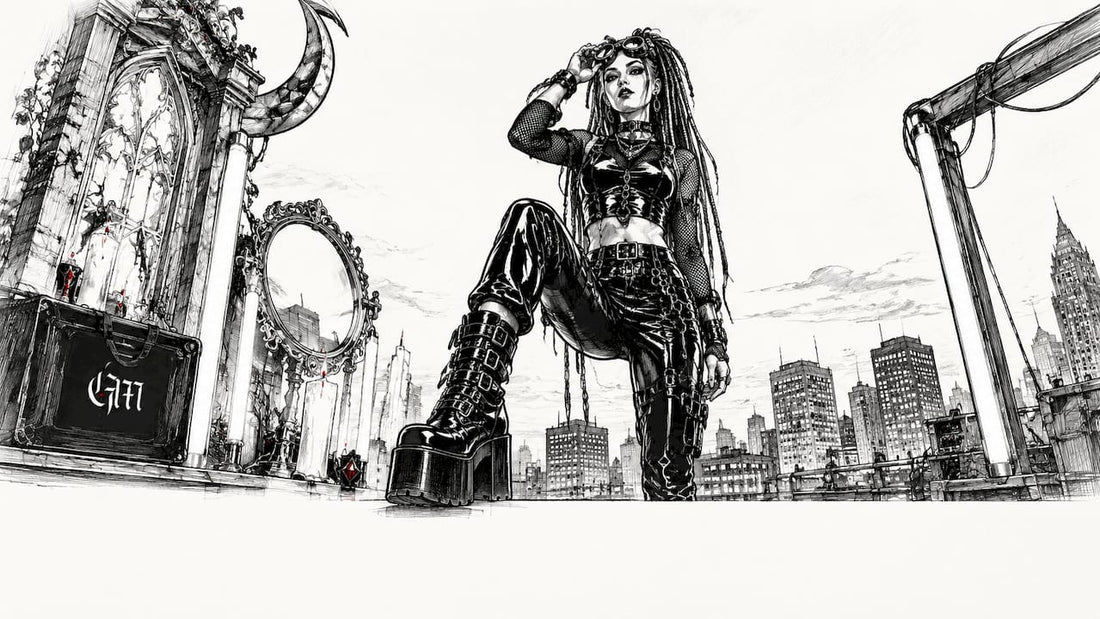 Person in neon cybergoth fashion outdoors