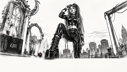 Person in neon cybergoth fashion outdoors