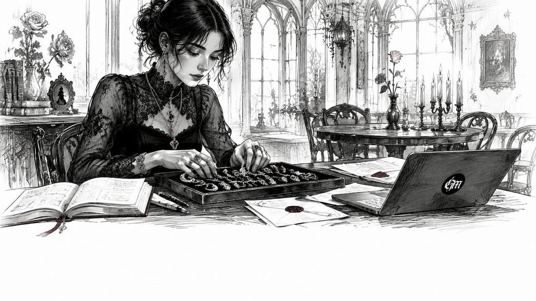 Creator arranging gothic marketplace products at desk