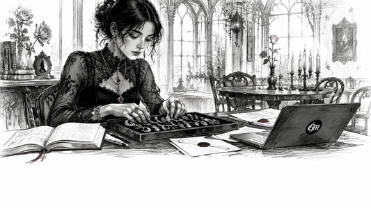 Creator arranging gothic marketplace products at desk