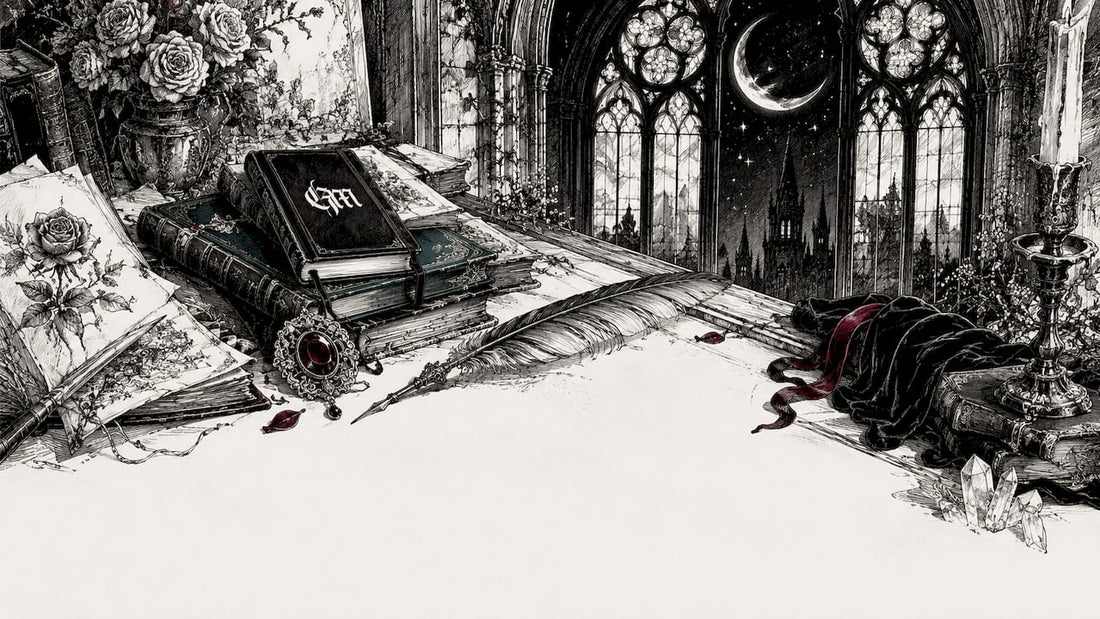 Ink sketch of gothic desk with books and moon motif