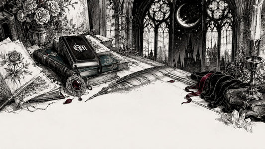 Ink sketch of gothic desk with books and moon motif