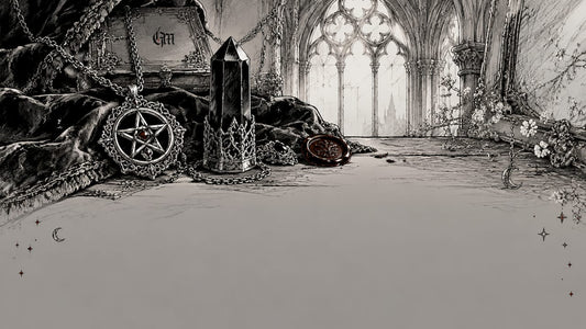 Pen and ink sketch of occult protective jewelry and gothic elements