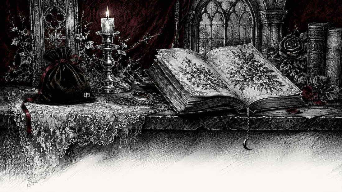 Pen and ink sketch of Gothic Victorian objects