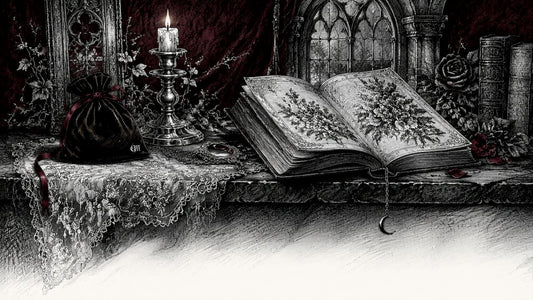 Pen and ink sketch of Gothic Victorian objects
