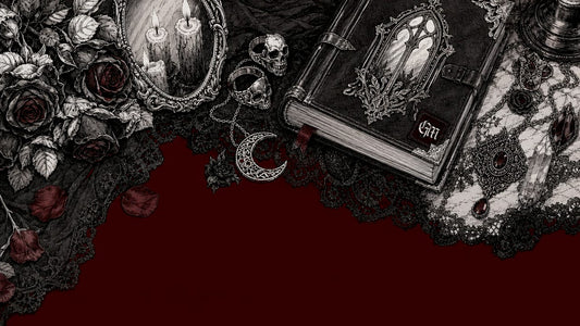 Pen and ink sketch of silver gothic jewelry still life