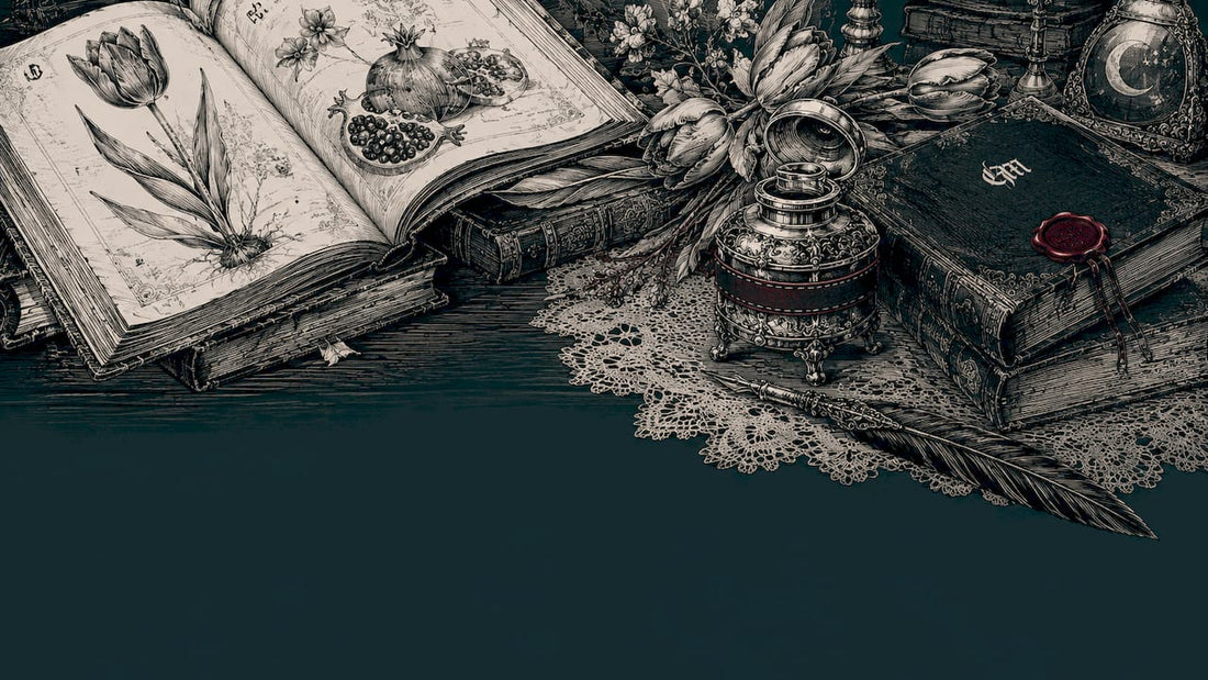 Pen and ink sketch of gothic botanical desk scene
