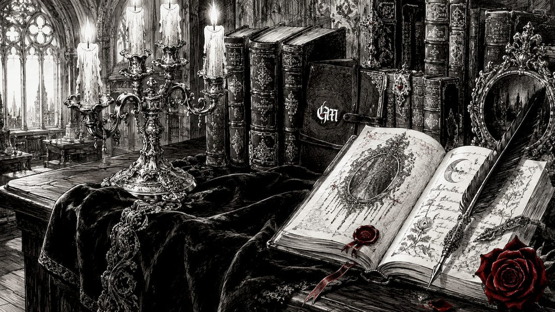Victorian style dark art collector workspace with pen and candle