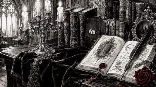 Victorian style dark art collector workspace with pen and candle