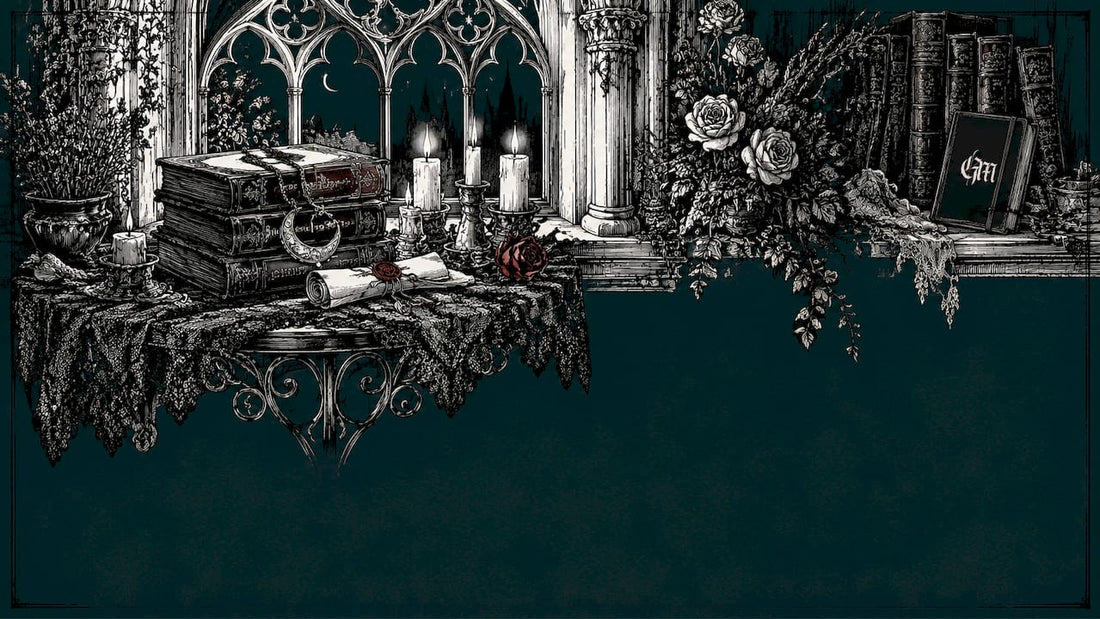Gothic witchy home decor corner with candles and books