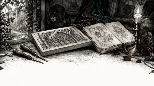 Pen and ink sketch of gothic woodcut printmaking tools