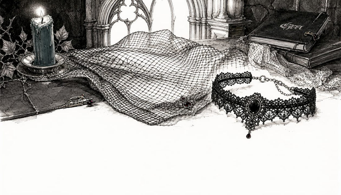 Velvet and lace fabric detail with gothic elements
