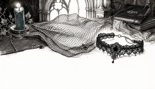 Velvet and lace fabric detail with gothic elements