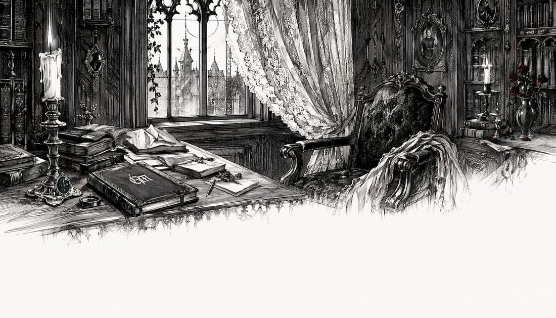 Victorian gothic study with old books and candle