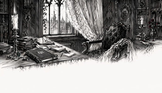 Victorian gothic study with old books and candle