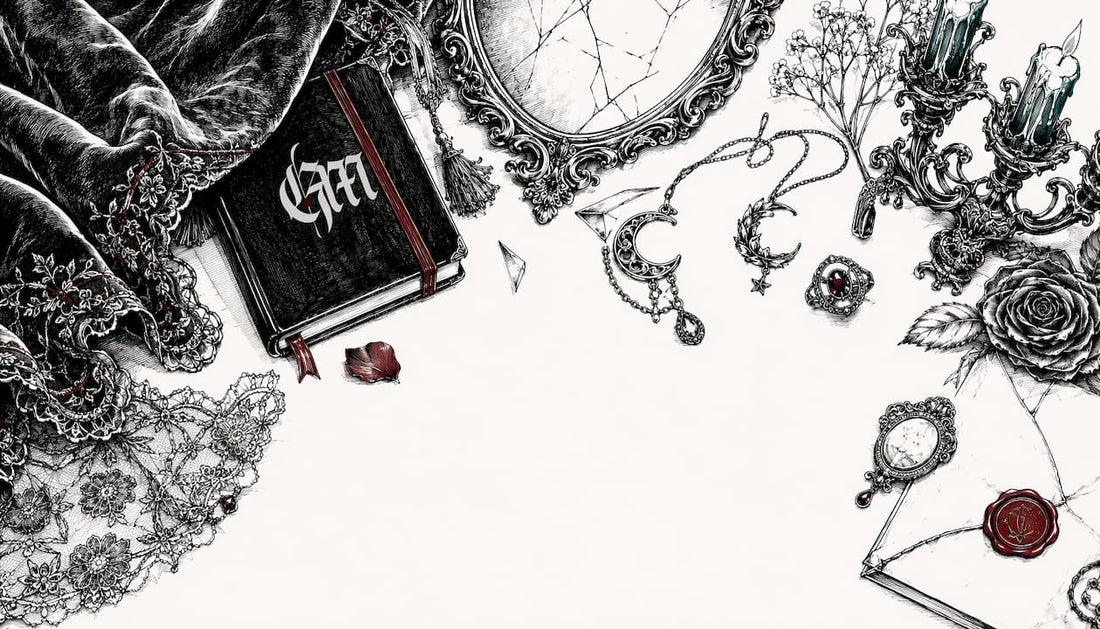 Pen and ink sketch of gothic fashion textures and accessories