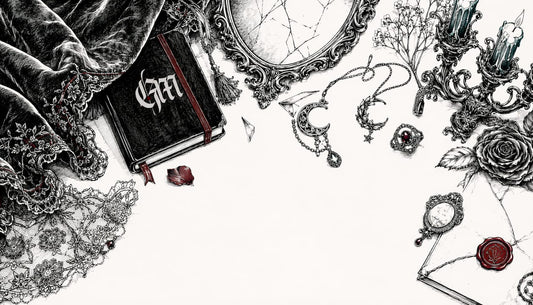 Pen and ink sketch of gothic fashion textures and accessories
