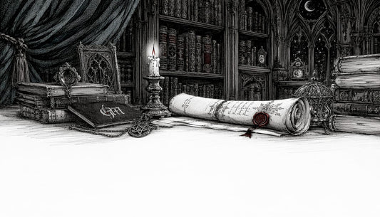 Gothic desk with silver occult jewelry and books
