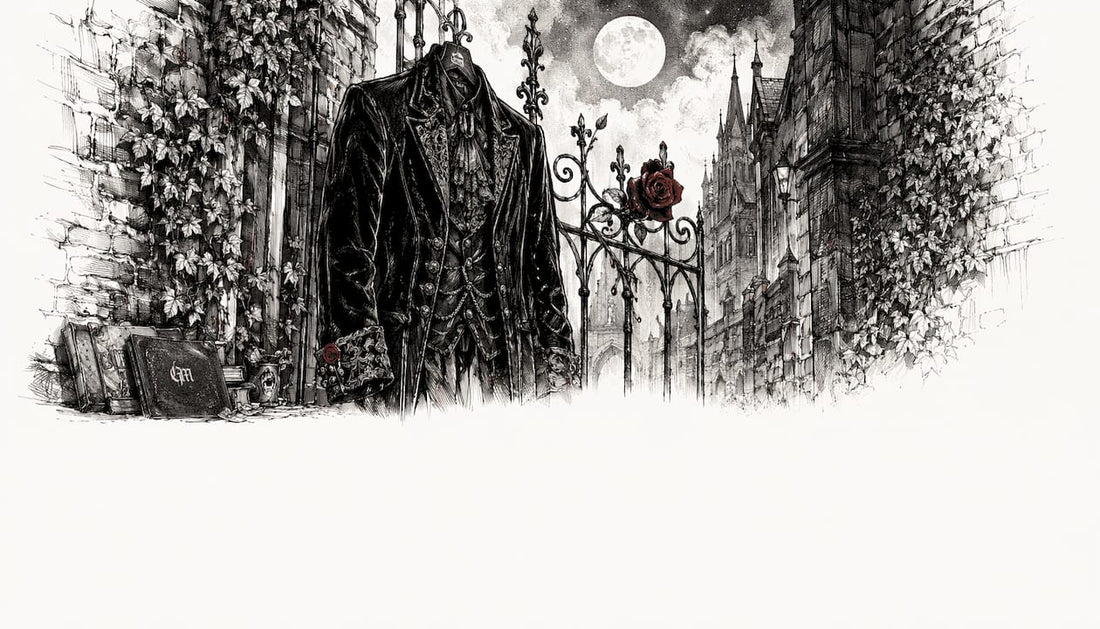 Victorian gothic velvet jacket on chair black and white sketch