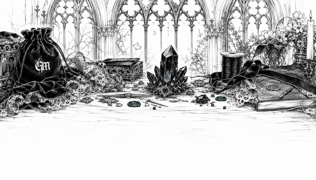 Pen and ink gothic crafting desk with jewelry and crystals