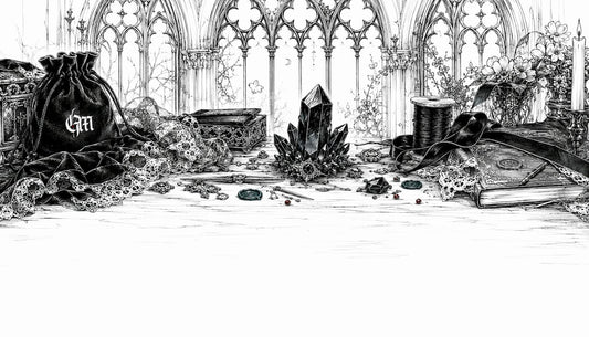 Pen and ink gothic crafting desk with jewelry and crystals