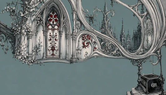 Pen and ink sketch of Victorian Gothic architecture detail