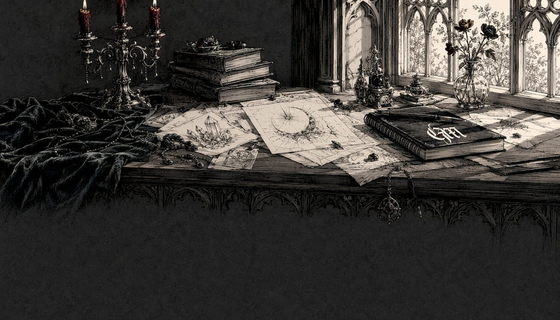Sketch of witchy jewelry designs on desk