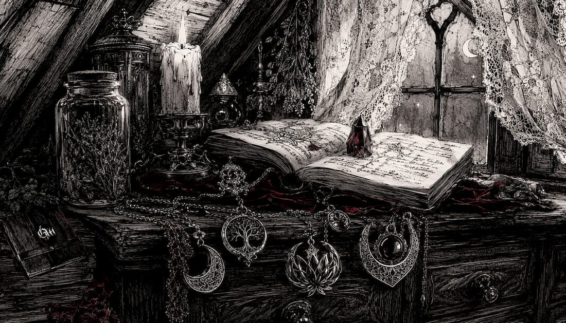 Pen and ink sketched occult jewelry close-up on wooden table