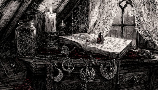 Pen and ink sketched occult jewelry close-up on wooden table