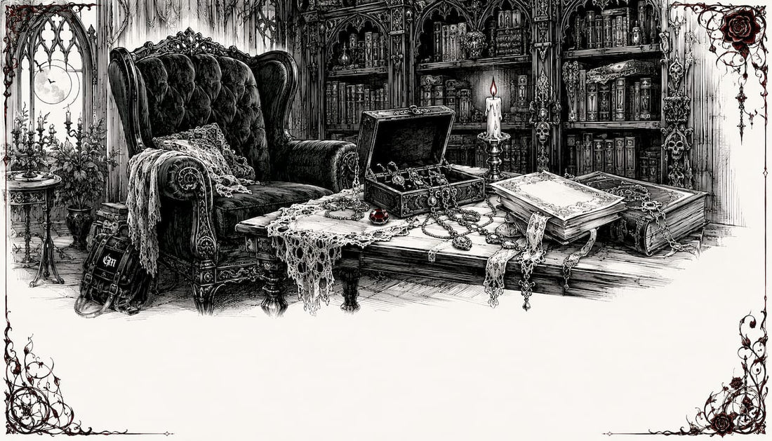 Collector's desk with occult silver jewelry and books