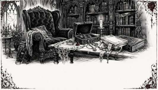 Collector's desk with occult silver jewelry and books