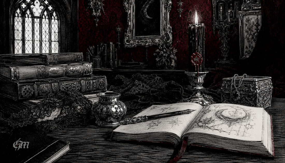 Pen and ink sketch of dark art study desk