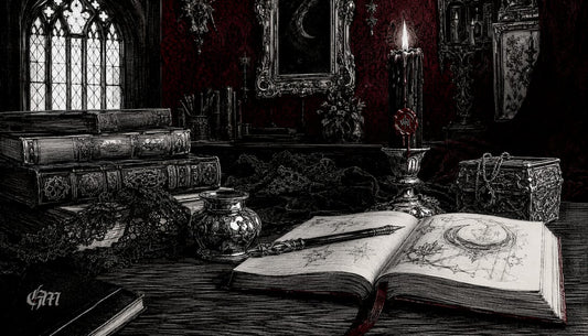 Pen and ink sketch of dark art study desk