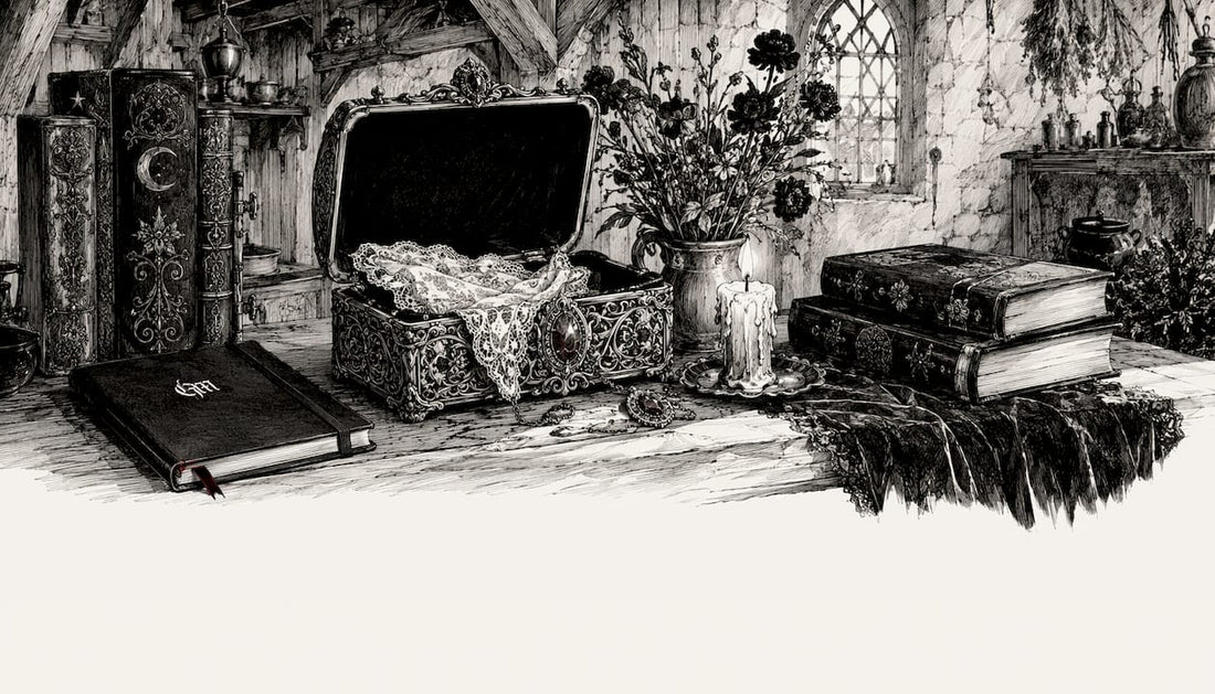 Pen and ink sketch of gothic folk art elements on wooden table
